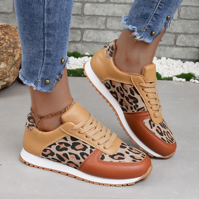 Women Casual Sneakers Women Autumn New Casual Leopard Round Toe Lace-Up Running Shoes Platform Vulcanized Shoes Plus Size 43