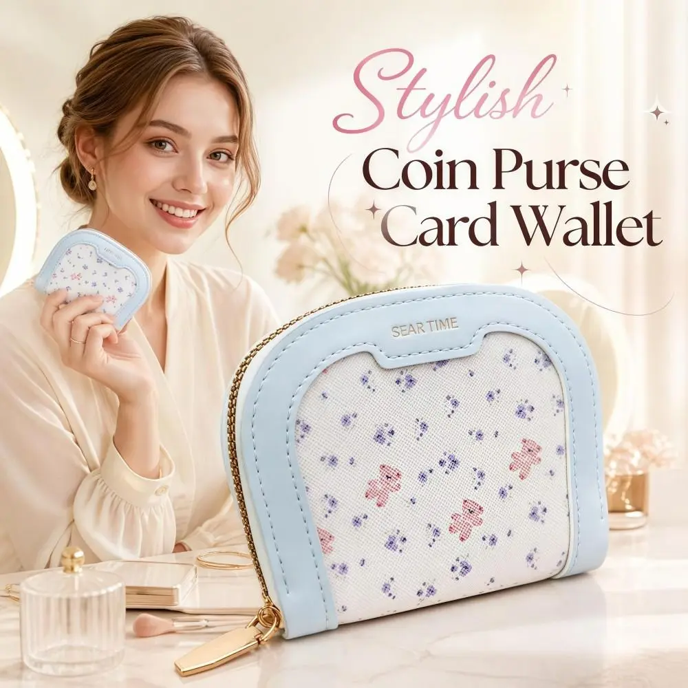 Sweet PU Bear Print Coin Purse Zippered Lightweight Small Card Wallet Multi-Slot Portable Cute Mini Pouch Ladies
