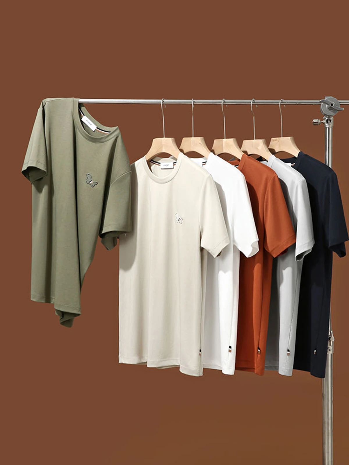 Summer Men's Casual round Neck Short Sleeve T-shirt Double Silk Cotton Modal Mixed Weave Embroidery Process Breathable Moistu...
