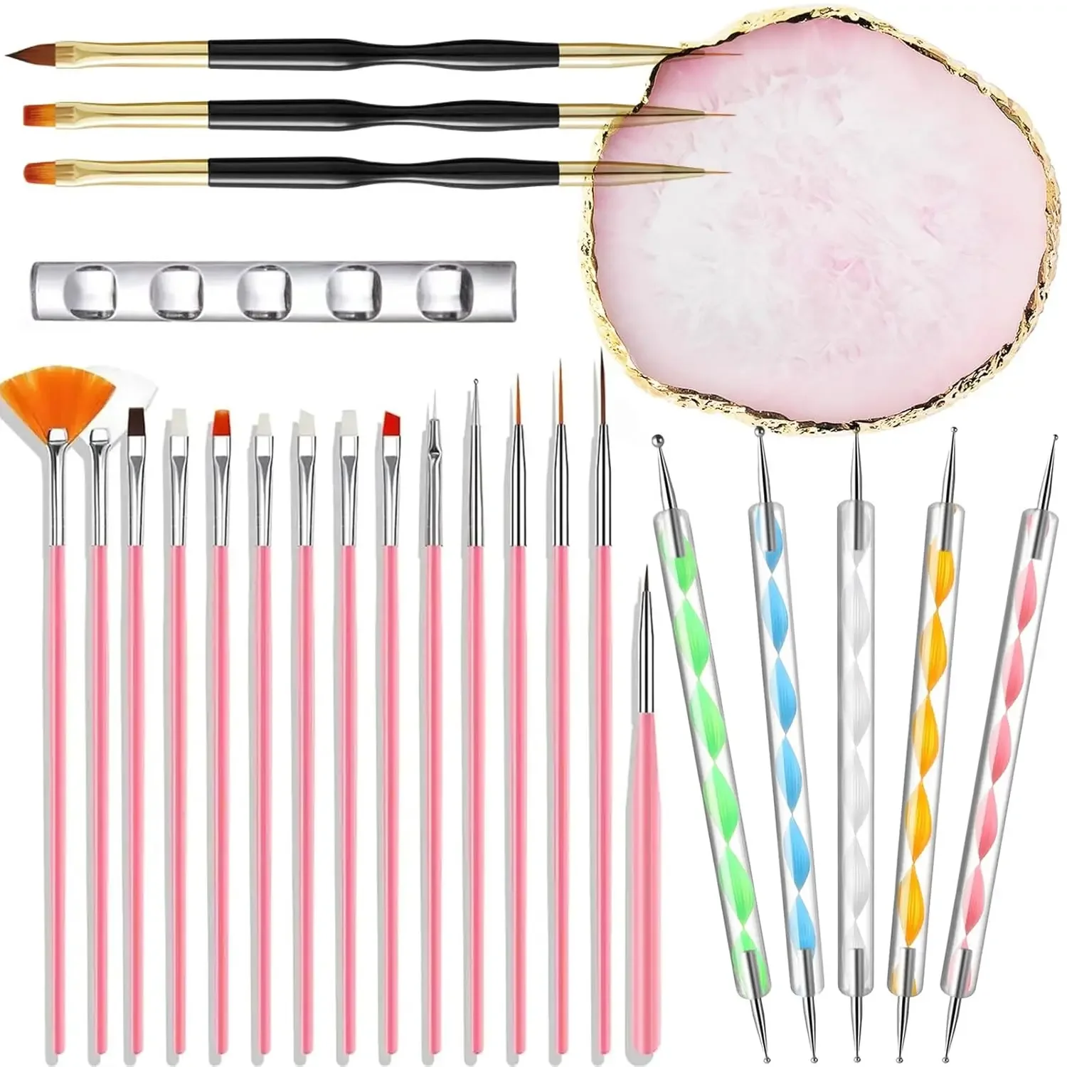 20/22/25-Piece Nail Art Brush Set with Resin Palette, Liner Brush, Dotting Pen & Acrylic Pen Holder - DIY Salon Tools