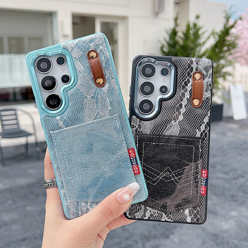 Cowboy Patterned Lace Phone Case For Samsung Galaxy S25ultra S23 S24 Ultra S25 Insert Card Card Bag Shockproof Protection Cover