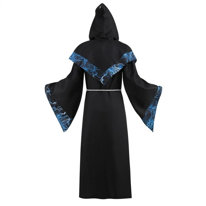 Mens Medieval Dark Mystic Sorcerer Robe Halloween Costume Hooded Cape Cosplay Cloak