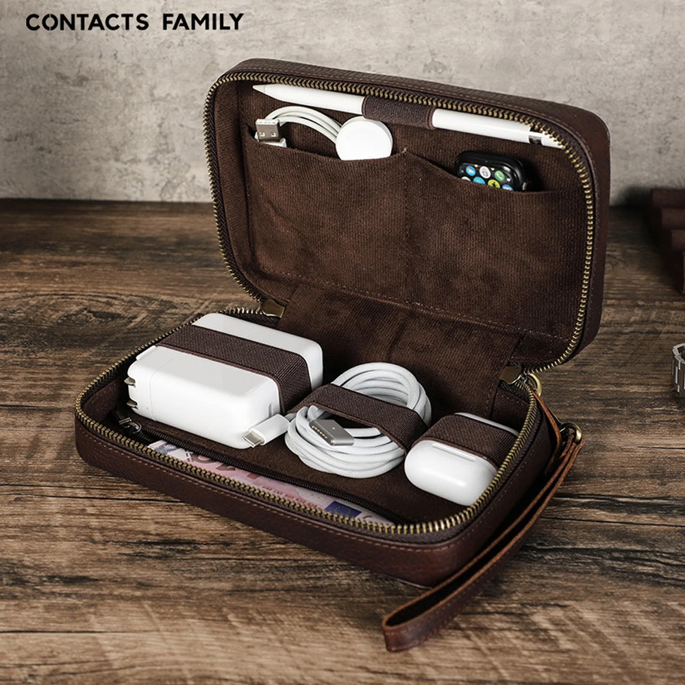 Multifunctional Handmade Leather Storage Bag Zipper Pouch for Apple Data Cable Capacitive Stylus Pen Travel Phone Accessories