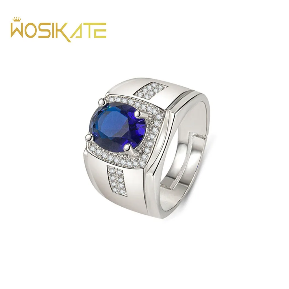 WOSIKATE Luxury Oval Sapphire Men's Ring 925 Sterling Silver Jewellery Wedding Engagement Ring Micro Zirconia Business Ring Men