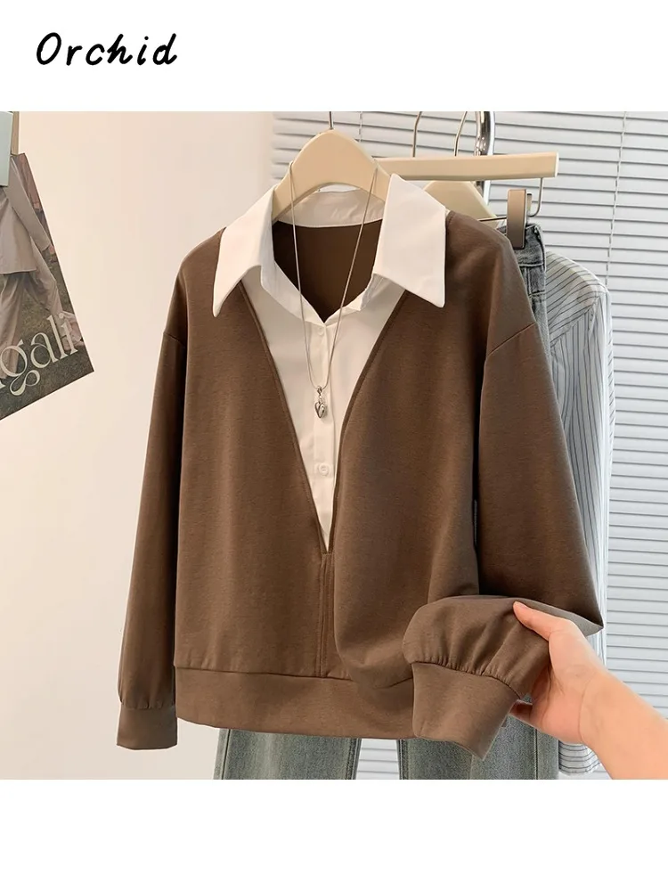 

2025 Winter Fake Two Piece Casual Patchwork Long Sleeve T-Shirts Women's Fashion Retro Style Turn Down Collar Tees Tops