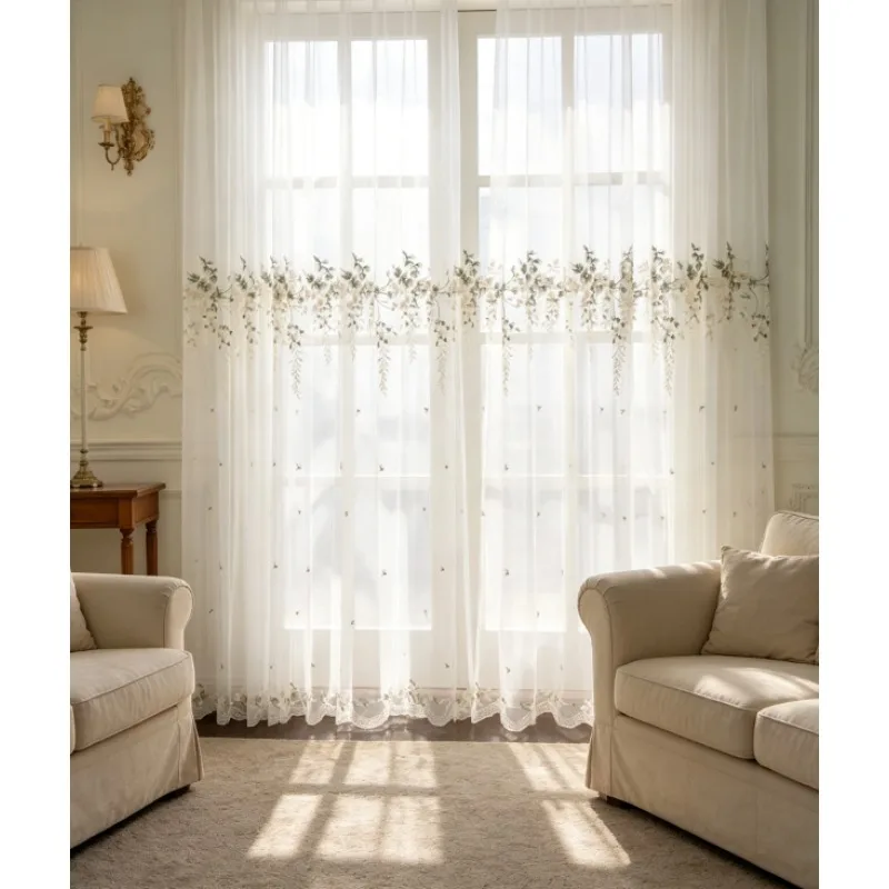 American Countryside Floral Embroidery Rattan White Gauze Curtains, Living Room Bedroom Balcony Curtains