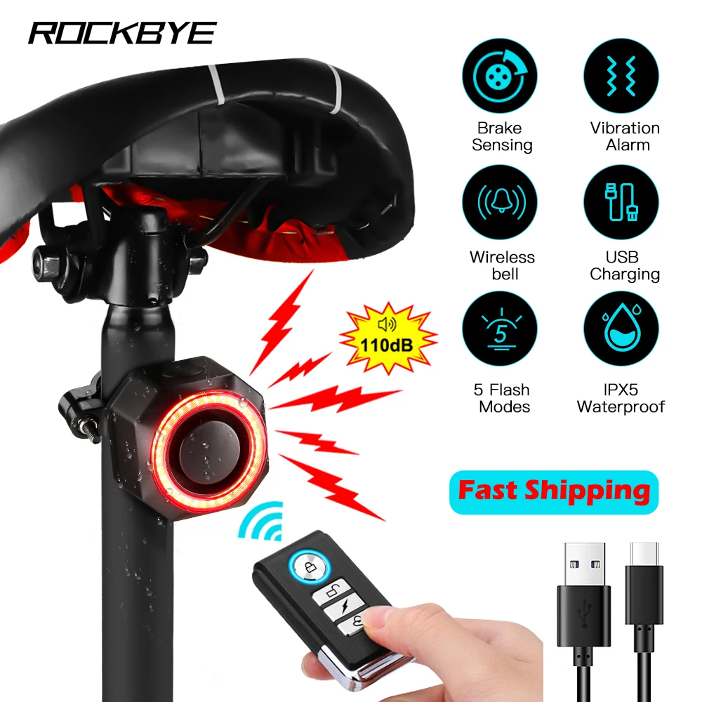 Rockbye Bicycle Alarm Taillight Waterproof Remote Control Anti Theft Bike Bell Smart Brake Sensing Rechargeable Cycling Light