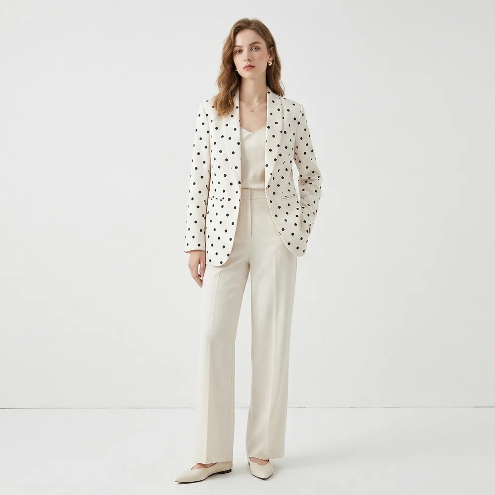 

Women's Vintage White Black Polka Dot Blazer Open Front Long Sleeve Casual Office Blazer Streetwear Outerwear