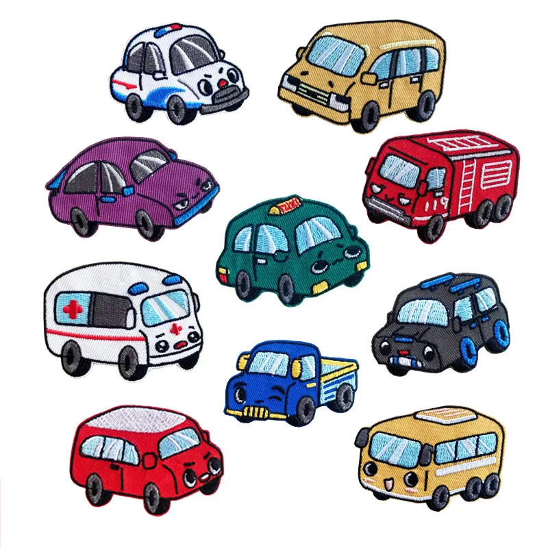 Personified Car Embroidered Appliques Pickup Fire Truck SUV Van School Bus Taxi Various Vehicles Cartoon Iron on Patch for Child