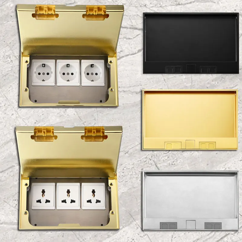 Black Stainless Steel Flip-Top Floor Socket Three-Position German Standard Power Socket Flat Embedded Hidden  3-Port 16A Socket