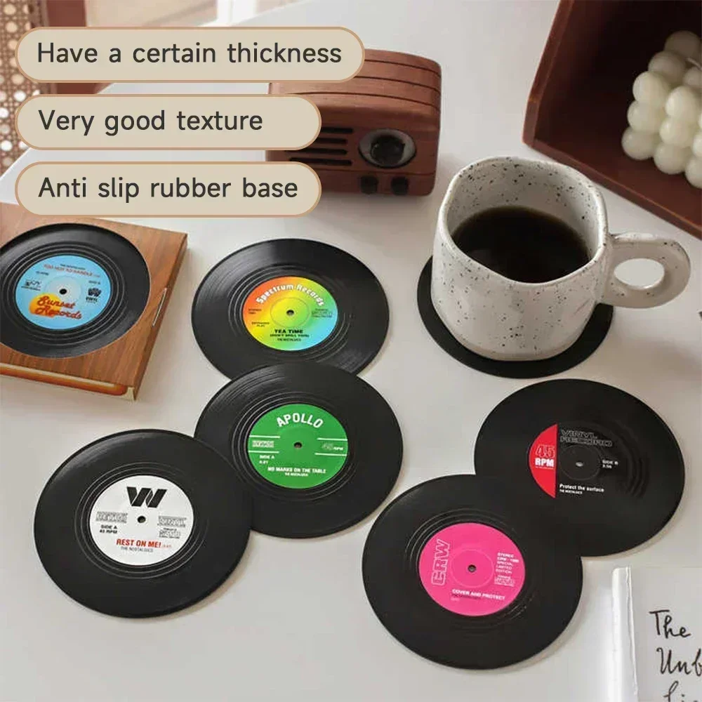 

6Pcs Retro Record Cup Coaster Anti-slip Coffee Coasters Heat Resistant Music Drink Mug Mat Table Hot Drink Placemat Decor