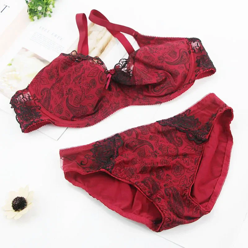 Ensembles de soutien-gorge en dentelle pour femmes, sous-vêtements push-up, broderie florale, rose, rouge, beige, bonnet CDE, lingerie grande taille, sexy