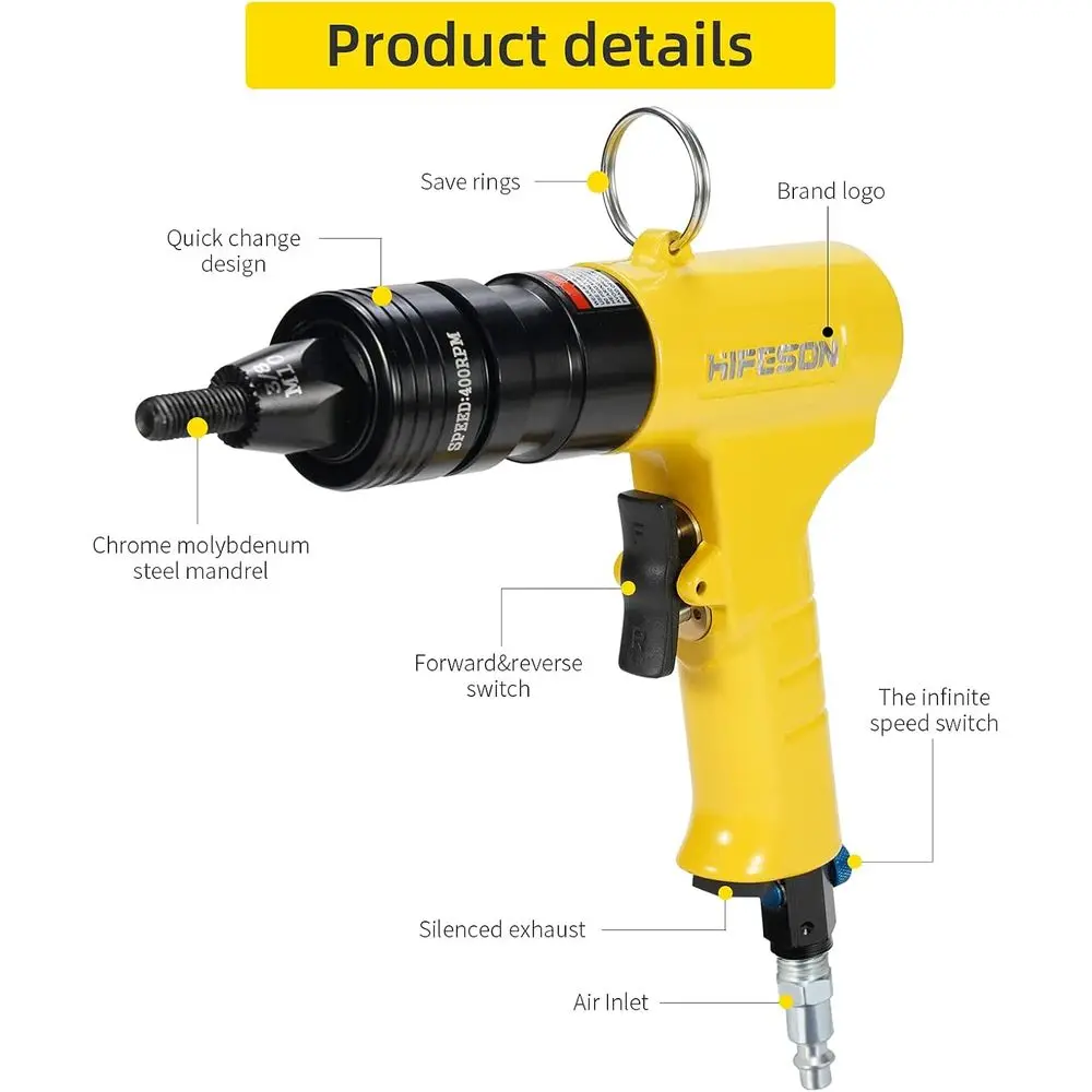 Pneumatic Rivet Nut Gun (M4 & M5 & M6) Air Rivet Nut Pull Setter Tool with 3 Size Quick-Change Nose-Piece Assembly, 5pcs Mandrel