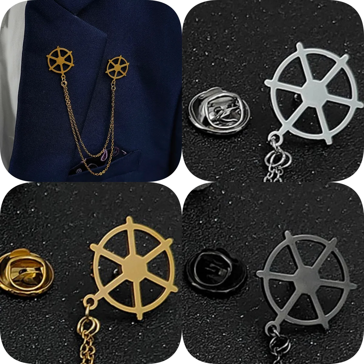 Gold Plated Stainless Steel Ship Wheel Double Chain Brooch Hollow Lapel Pin for Men Suit Wedding Party Accessories