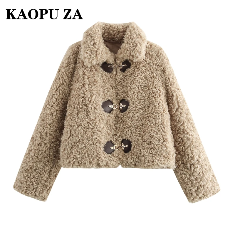 KAOPU ZA 2024 Autumn New Woman Classic Long Sleeve Fleece Coat Top Vintage Woman's Turn-down Collar Jacket Keep warm Outerwear