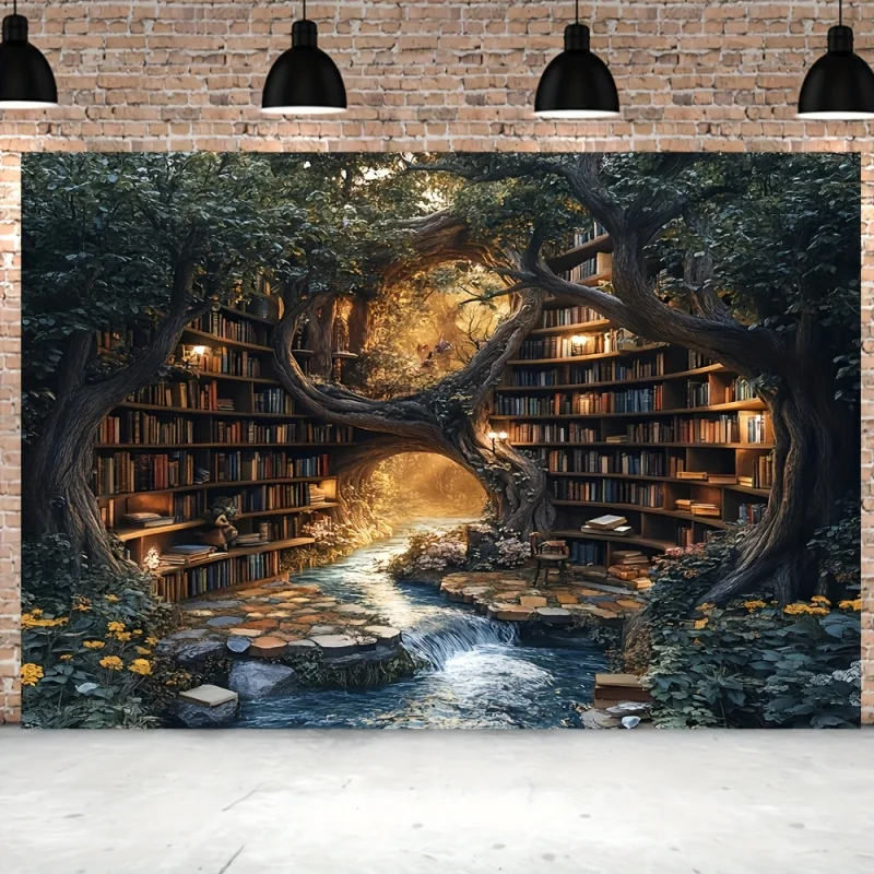 VIKAMA Wandteppich „Verzauberter Wald“ mit magischem Baumhaus, Bibliothek, Wohnzimmer, Sofa, Wanddekoration, Raumhintergrund
