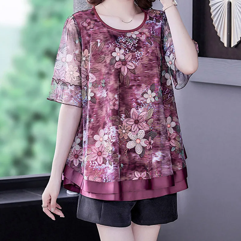 Summer New Loose Patchwork T Shirt Tops Short Sleeve Round Neck Plus Size All-match Pullovers Vintage Fashion Women Clothing