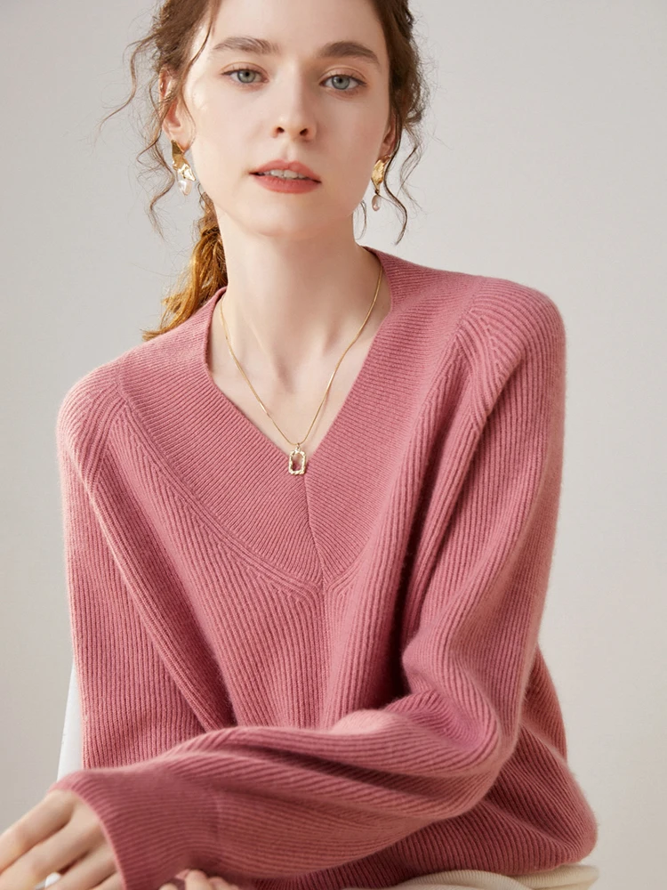 

Women Wide V-neck Pullover Loose Cashmere Sweater Autumn Winter Striped Thread Jacquard Raglan Sleeve Top 100% Cashmere Knitwear