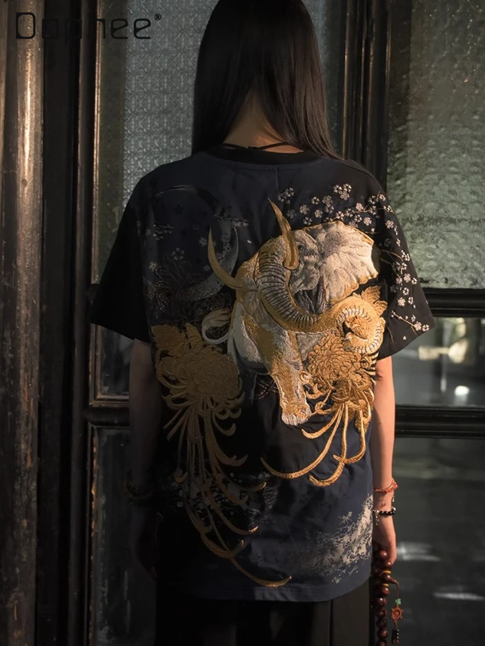 

Heavy Industry Cartoon Embroidery Short Sleeve T-Shirt Fashion Handsome Retro T-Shirt Men Street Personality Loose Casual Top