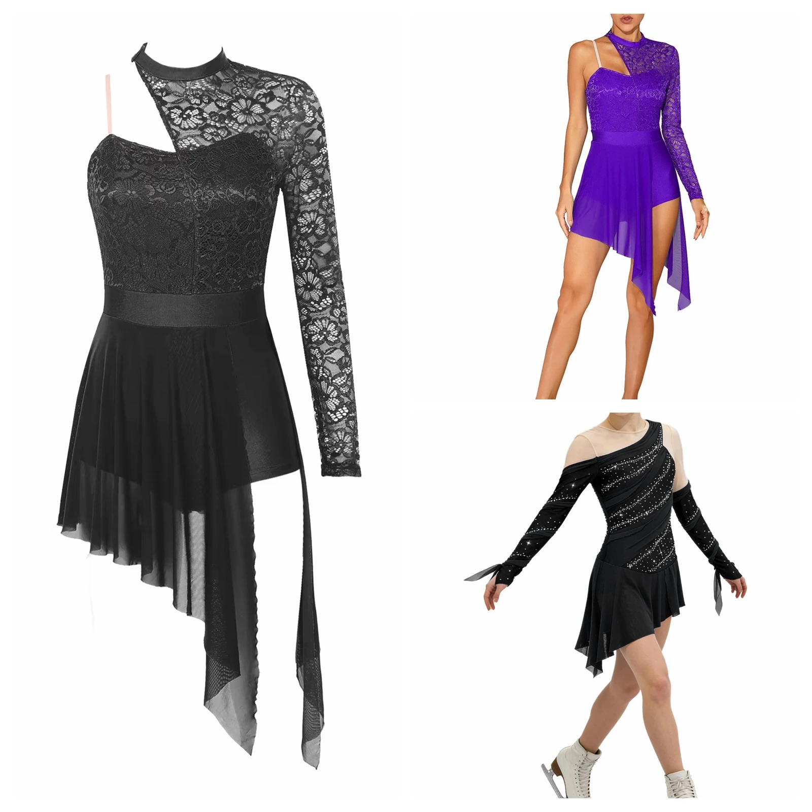 

Women Ice Skating Lyrical Dance Dress Ballet Gymnastics Leotard Dresses Modern Contemporary Dancewear Figure Skating Costumes