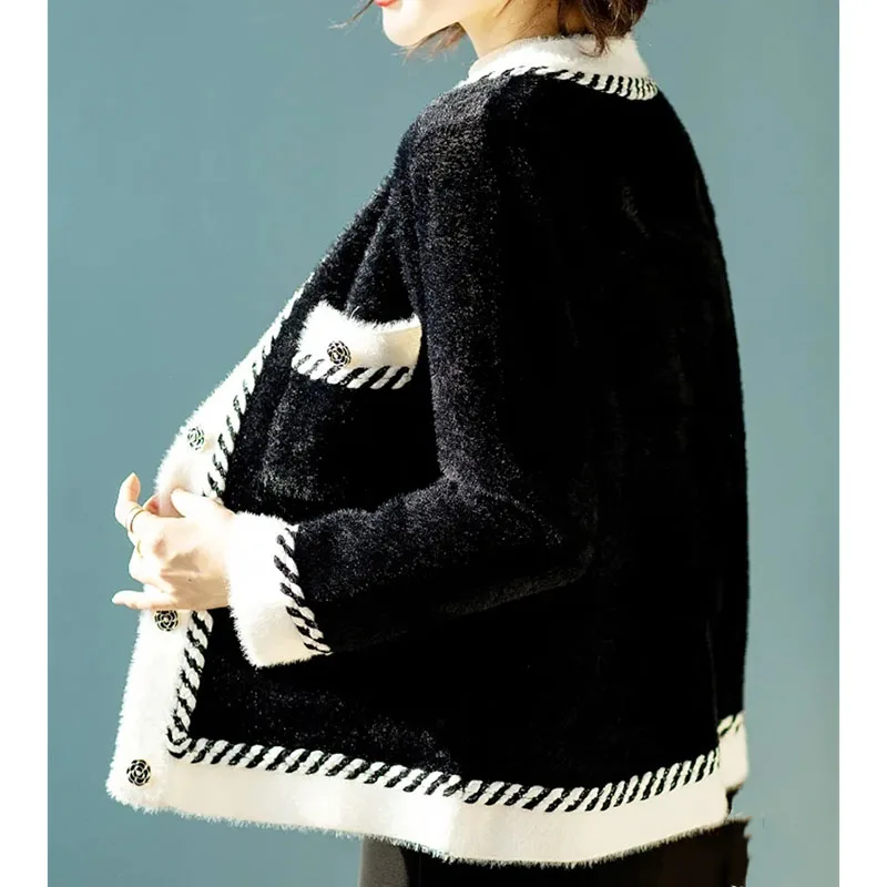 Autumn Winter Lady Round Neck Imitation Mink Fur Coat Women Color Collision Knitted Cardigan 2024 Female Long Sleeves Sweater