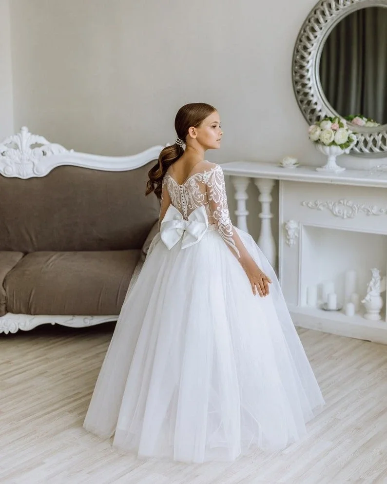 Pageant Dresses for Girls Princess Evening Party Dresses Lace Communion Dress Lace Tutu Flower Girl Dress White Tulle Rustic