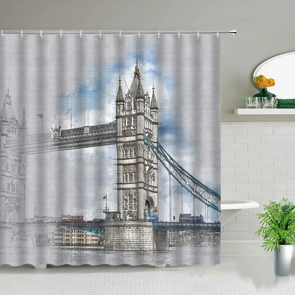 European Style Building City Landscape Shower Curtains Paris Tower London Bridge Bath Screen Waterproof Fabric Bathroom Curtain