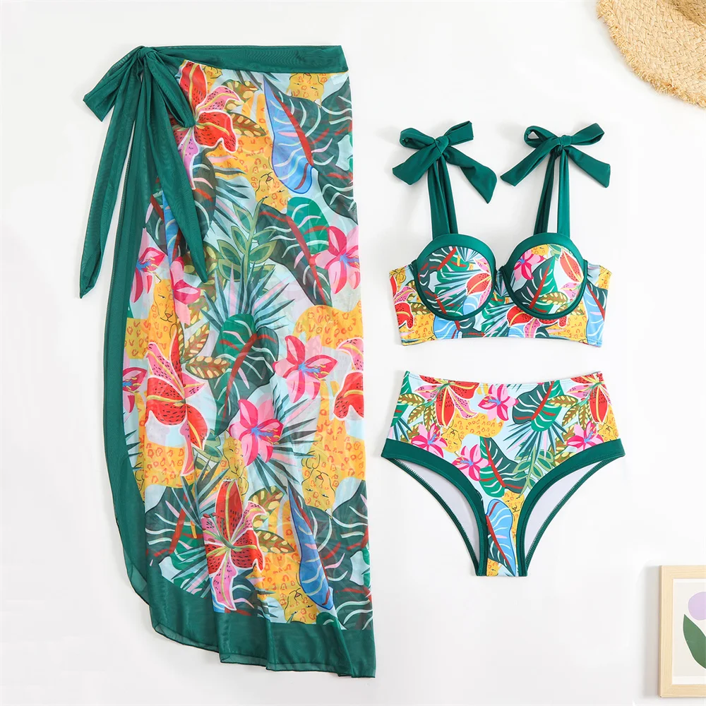 Sexy Print Bikinis Set Knotted Swimsuit Push Up Tropical Bikini Vintage Vacation Swimwears Dress Women Beach Outfit Bathing Suit