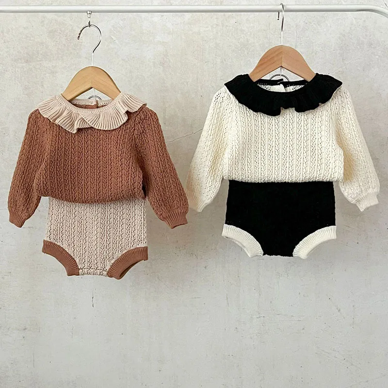 

2024 New Autumn Korean Style Toddler Baby Girl Clothes Suit Long Sleeved Knitted Pullover+Shorts Newborn Baby Girls Clothing Set