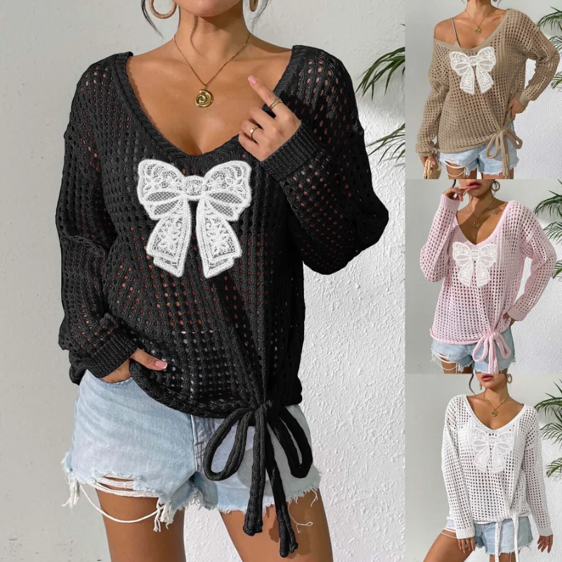 

Женские топы, полая блузка, пуловер с длинными рукавами, галстук-бабочка, шерстяной вязаный свободный свитер в ленивом стиле