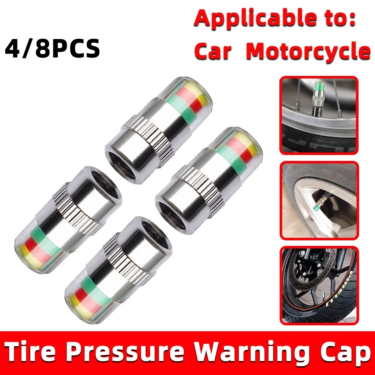 4/8PCS Car Tire Valve Caps with Tire Pressure Gauge, Tire Pressure Monitor, Warning Indicator, Sensor, External Valve Detection view 2