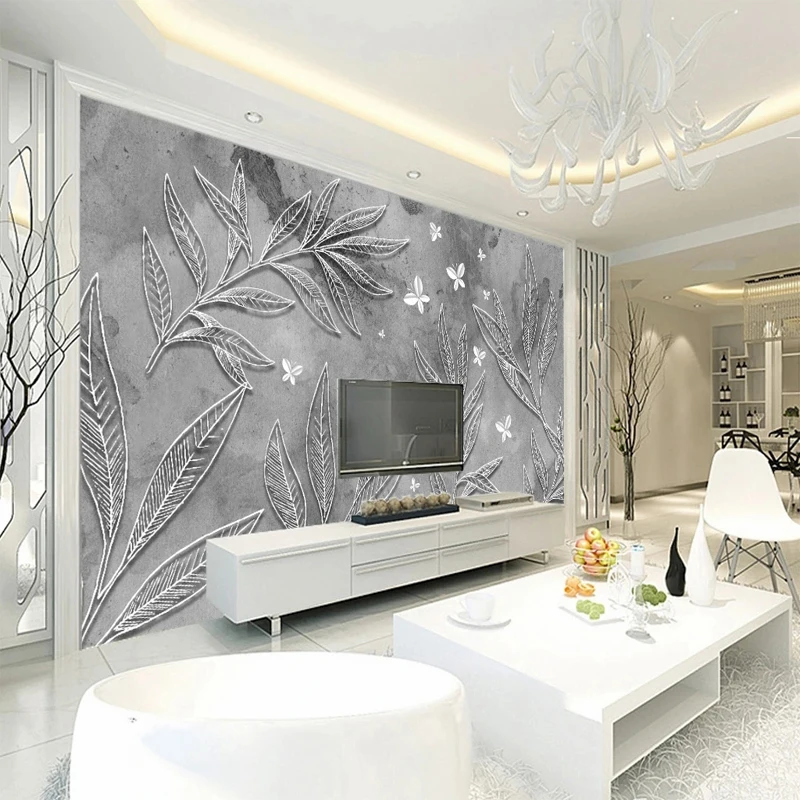 

Custom Size Modern Simple 3D Embossed Grey Leaves Photo Mural Wallpaper for Bedroom Living Room TV Background Wall Home Decor