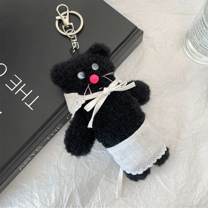 Cute Cartoon Black Bear Apron Head Cover Dolls Plush Keychain Kawaii Bag Decoration Accessories Fashion Car Keyring Pendant Gift