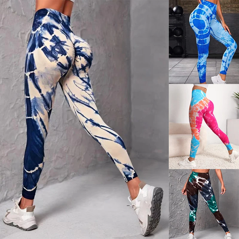 Seamless Tie Dyed Leggings Women\'s Fitness Yoga Pants Sweat Pants Tie Bleached Pants Hip Lifting Training Pants Elastic Leggings