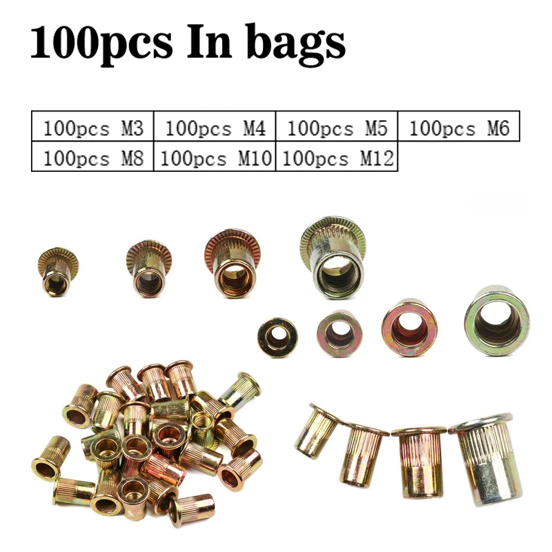 100PCS in bags M3 M4 M5 M6 M8 M10 M12 Rivnut Zinc Plated Carbon Steel Rivet Nut Flat Head Threaded Insert Rivnut