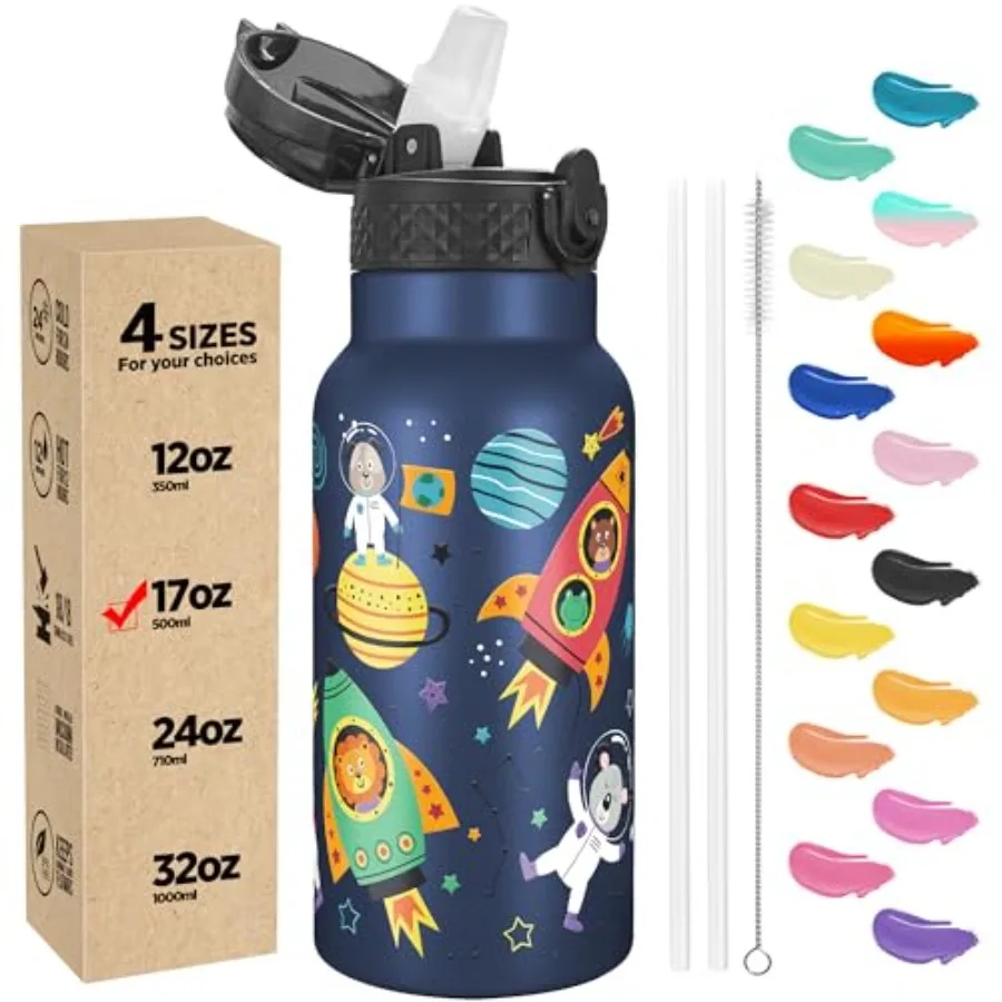 

Water Bottle with Straw Lid - Insulated Stainless Steel Reusable Tumbler for GirlsBoys Thermo Mug 17oz Cosmic Animals