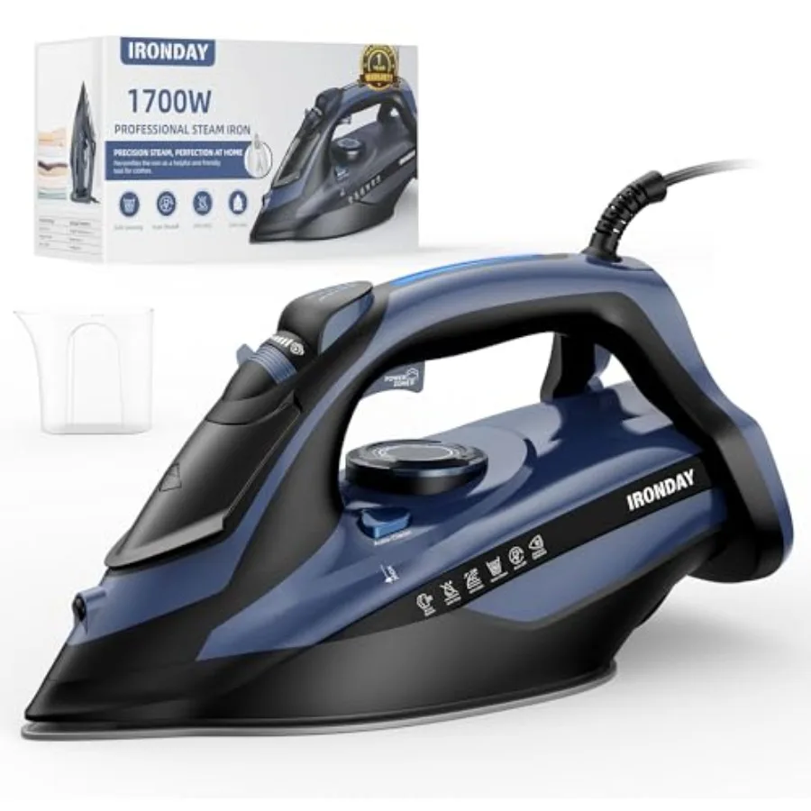 

Steam Iron for Clothes 20s Fast Heating 1700W Iron with 15.21oz Large Water Tank 3-Way Auto shutoff Burst Steam Spray Mist Anti