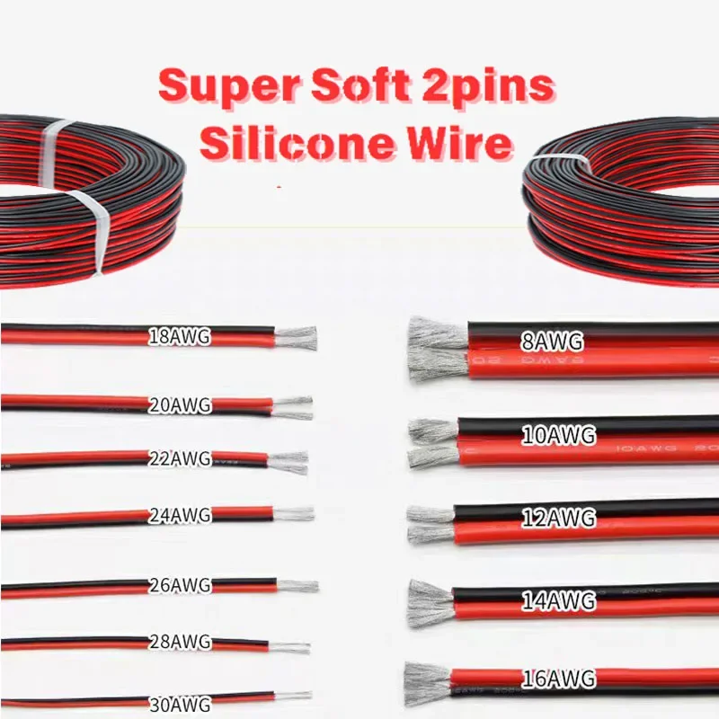 Super Soft 2pin Red and Black Silicone Tinned Copper Wire 8awg 10 12 14 16 18 20 22 24 26 28awg High Temperature Resistant Cable