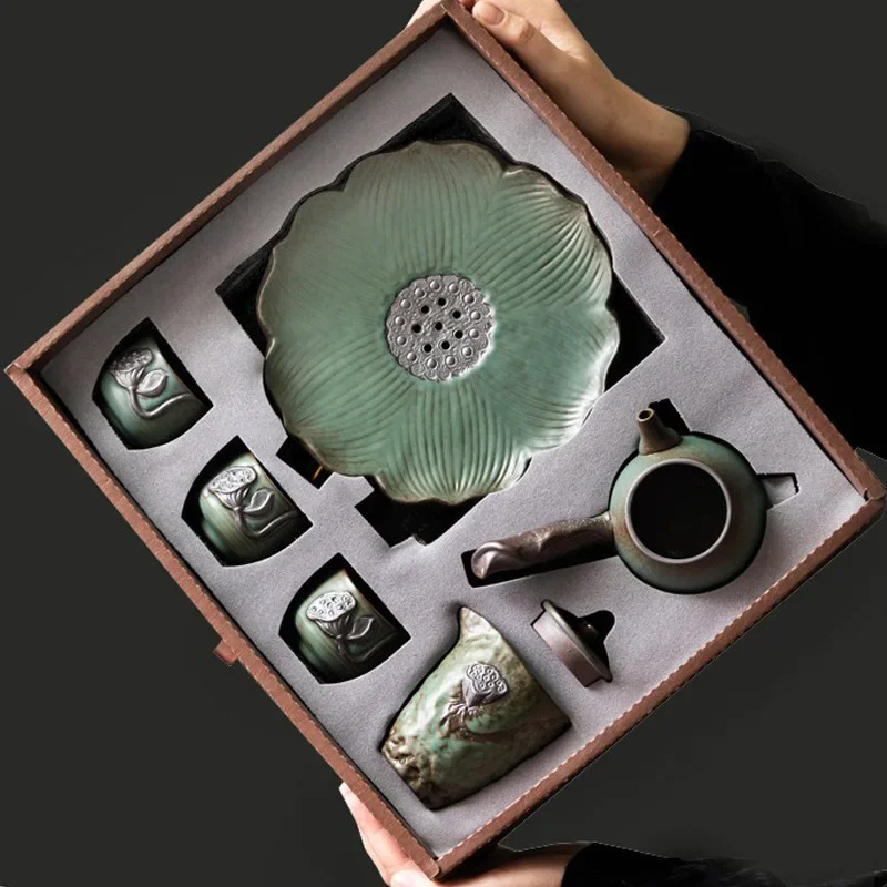 Chinese Style Rough Pottery Gilt Pot Three Cups Kung Fu Tea Set Dry Infusion Tray Ceramic Teacup Teapot Portable Gift Cup Box