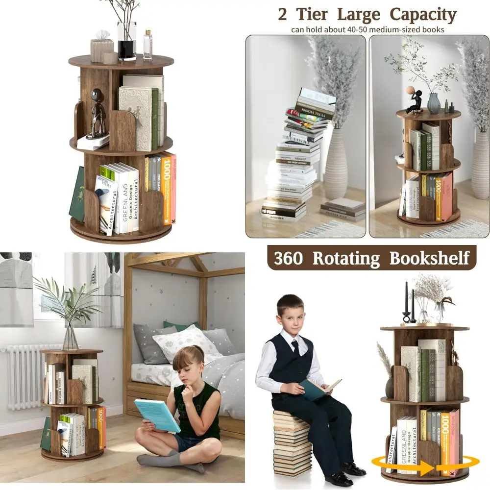 

Rotating 2-Tier Bookshelf - 360° Spinning Corner Storage Rack for Space-Saving in Living Rooms, Bedrooms, Offices, and Kids Room