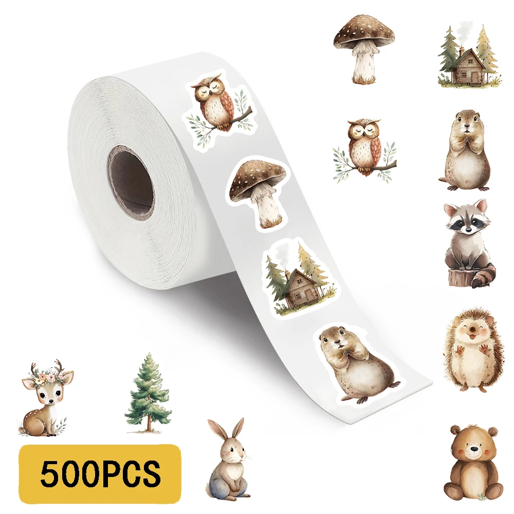 500Pcs/Roll Cute Cartoon Forest Animals Sticker Hedgehog Deer Print Notebook Living Room Motorcycle Guitar Phone Stickers
