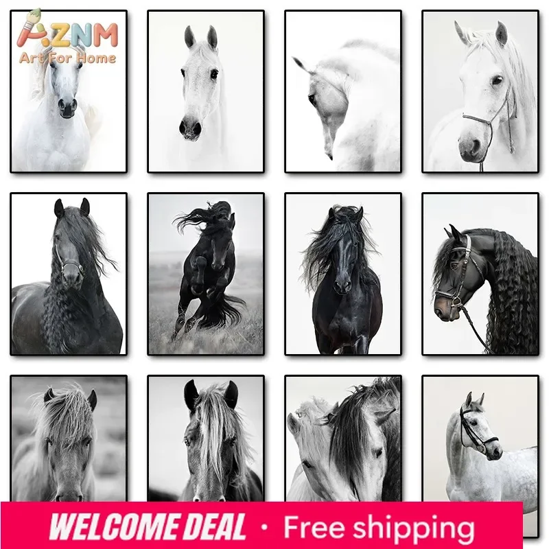 AZNM Ungerahmtes Schwarz-Weißes Pferde-Leinwandbild, Moderner Reitsport-Tierporträt-Druck, Minimalistische Pferdefotografie