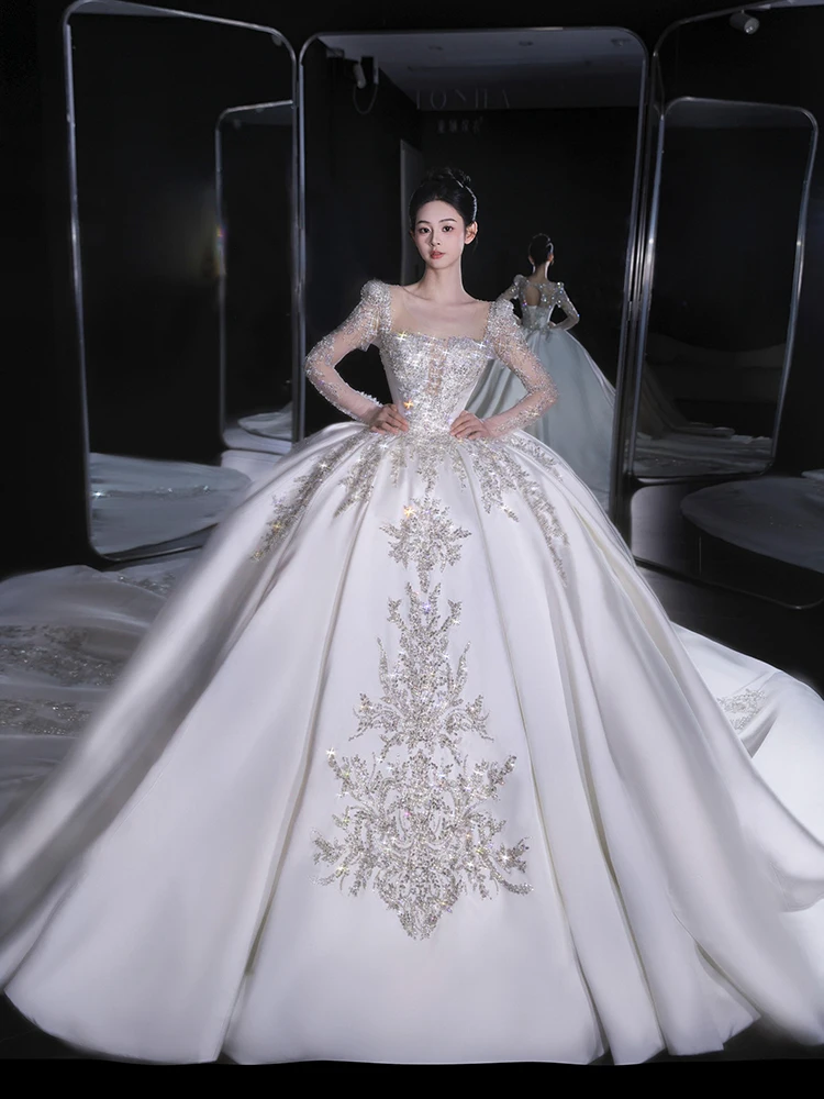 Ruiente Wedding Dresses 2025 New Full Sleeve Wedding Dress Luxury Satin Wedding Ball Gown Plus Size Customized