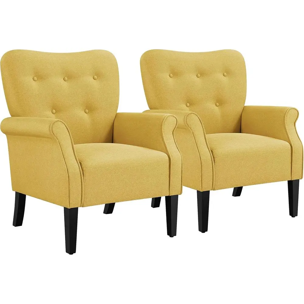 

High Back Upholstered Accent Chair with Wood Legs, Ideal for Small Spaces, Set of 2, Yellow