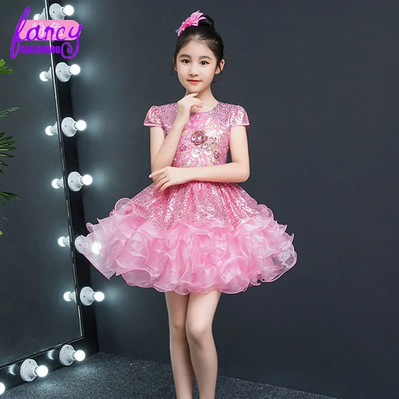 

Cheap Party Clothing Design Sequined Little Girl Prom Kids Girls Pink Flower Dress Tulle Wedding Ceremony Children Dresses Pink