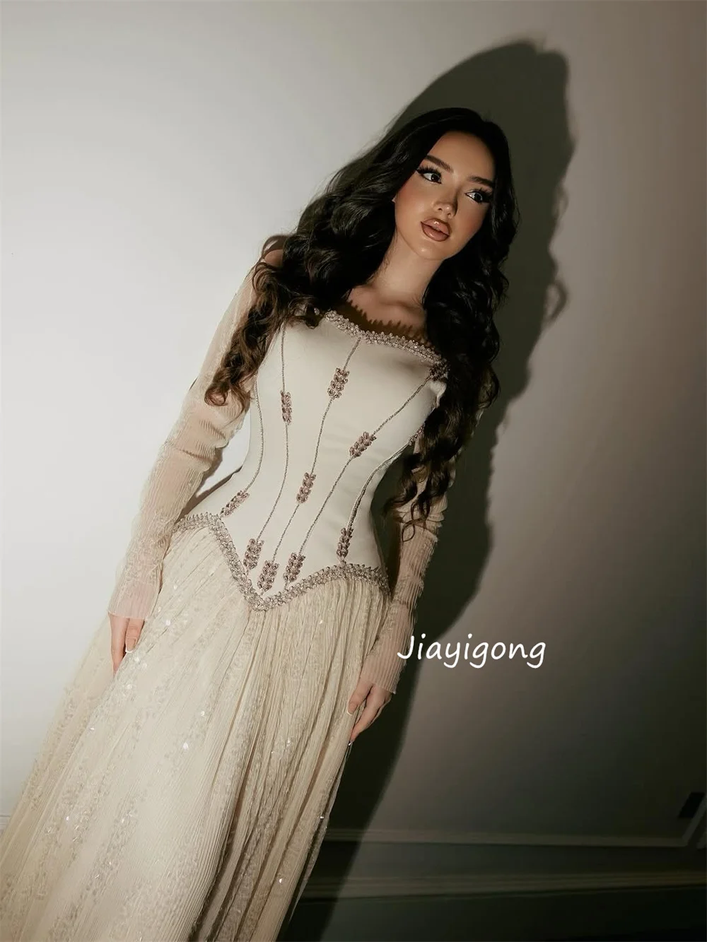 Customized Matching Net Pleat Sequined Pattern A-line Off-the-shoulder Long Bespoke Occasion Evening Dresses Pastrol image 3
