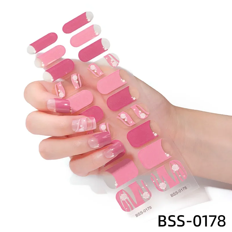 20Tips/Sheet Semi-Cured Gel Nail Patch Pink Tulip Flower Adhesive Sliders Long Lasting Full Cover Nail Stcikers UV Lamp Need