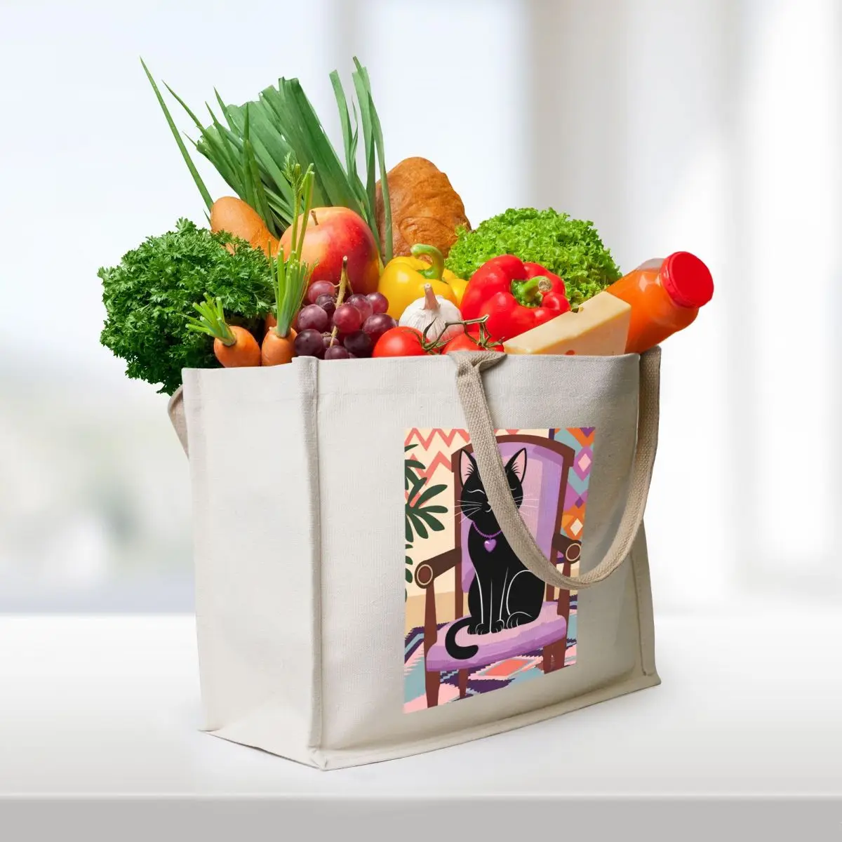 Black Cat and Vibrant Retro Patterns Tote Bag shoping bag Woman shopper bag Canvas for women supermarket folding