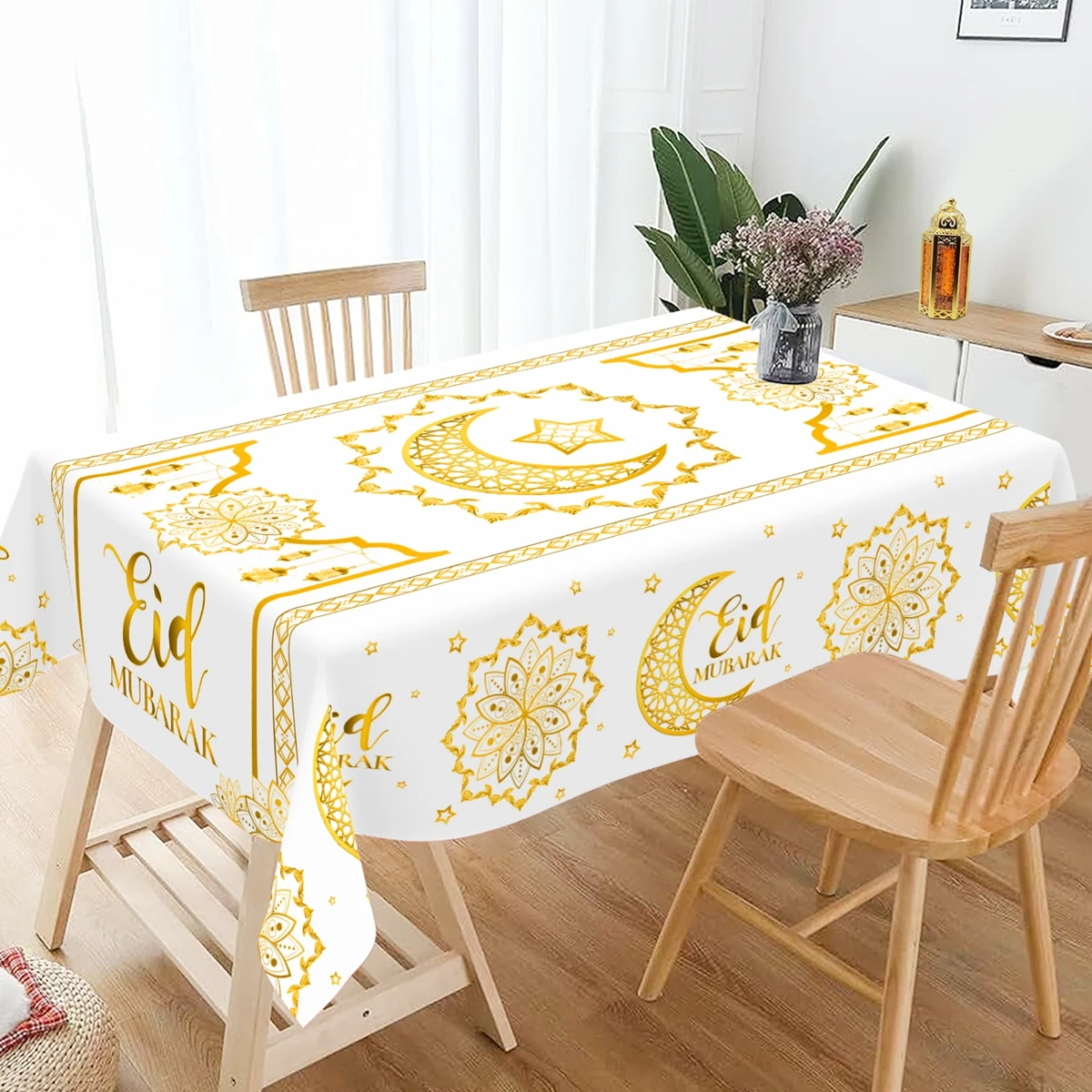 2026 Eid Mubarak Moon Polyester Tablecloth Ramadan Decor 2026 Ramadan Kareem Decor Islamic Muslim Party Supplies Eid Table Cover