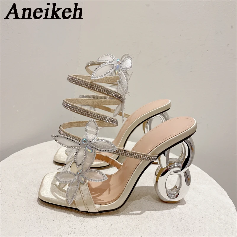 Aneikeh Strange Style Metal Fretwork Heels Gladiator Sandals Women Summer Fashion Peep Toe Butterfly Square Toe Party Dress Shoe